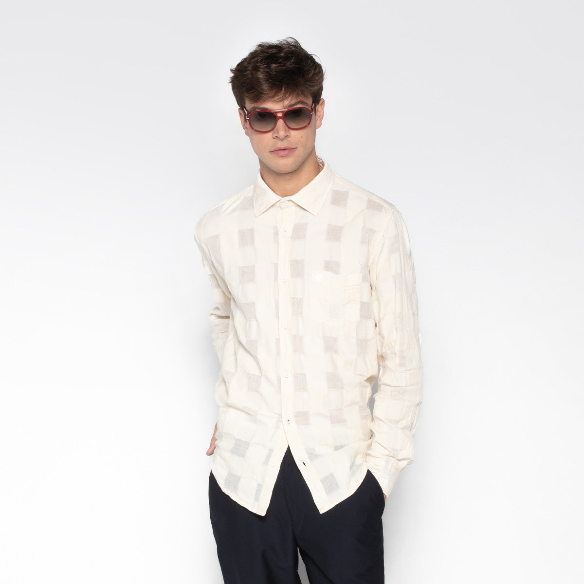 Chemise manches longues à carreaux Jacquard blanc ivoire Charles Homme SERGE BLANCO