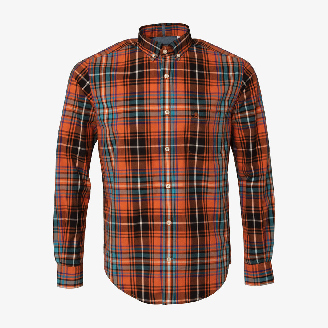 Camisa de manga larga a cuadros naranja ladrillo de algodón para hombre, sarga blanco