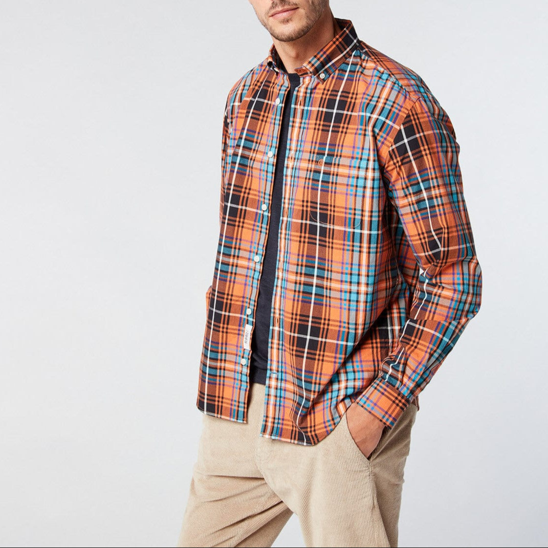 Chemise manches longues à carreaux orange brique en coton homme serge blanco