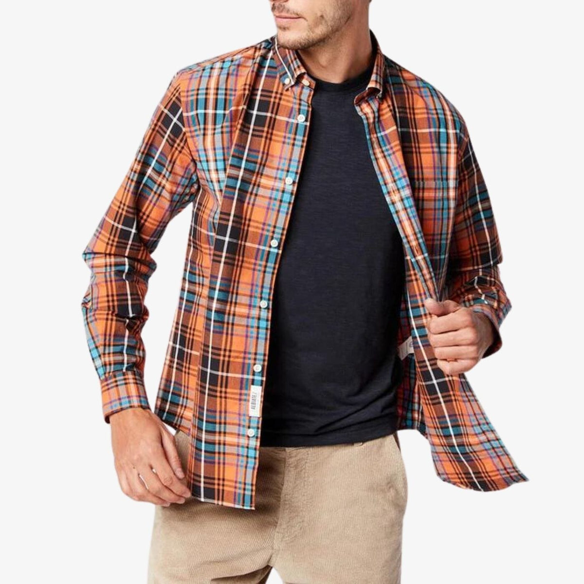 Chemise manches longues à carreaux orange brique en coton homme serge blanco