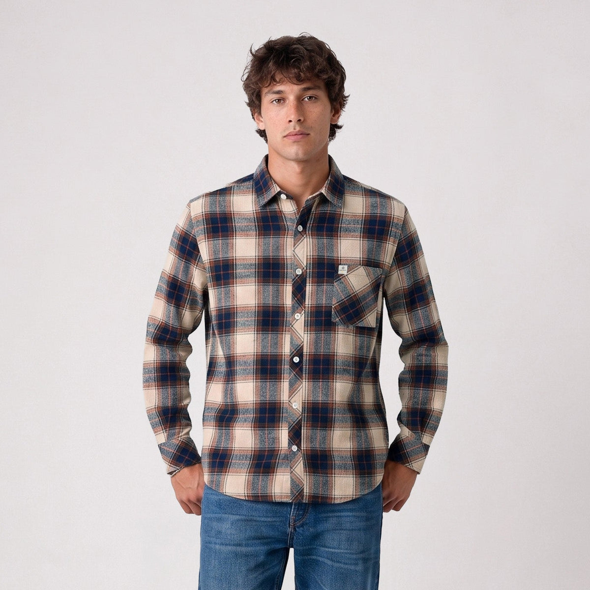 Chemise manches longues coton brushed carreaux beige travertin SBPLAY
