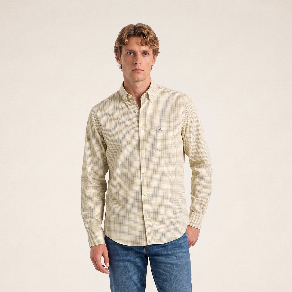 Chemise manches longues coton petits carreaux jaune moutarde