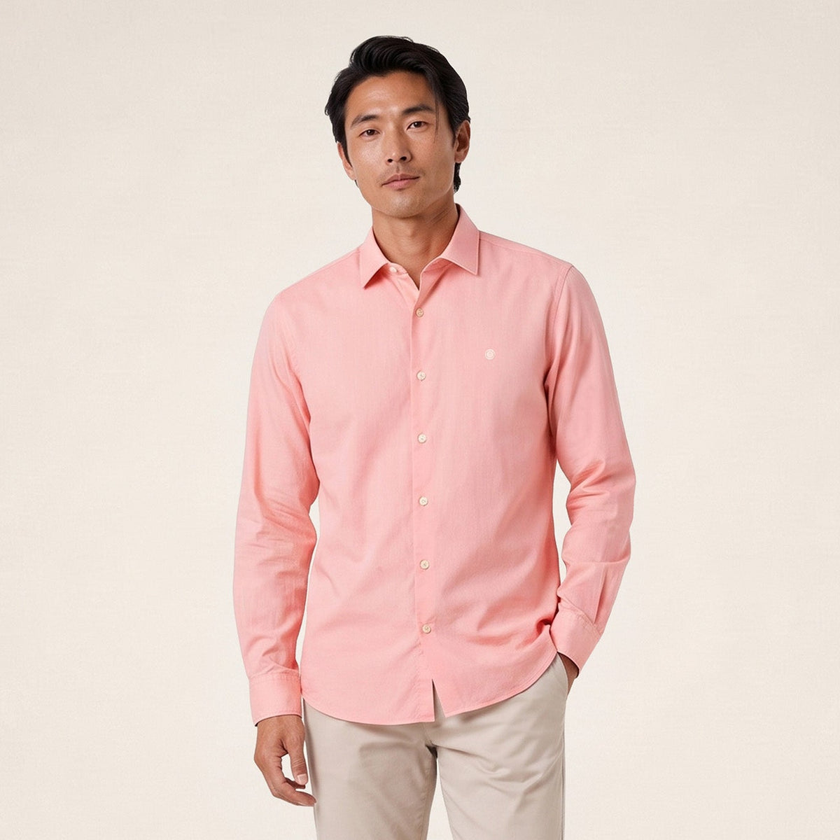 Chemise manches longues coton stretch rose