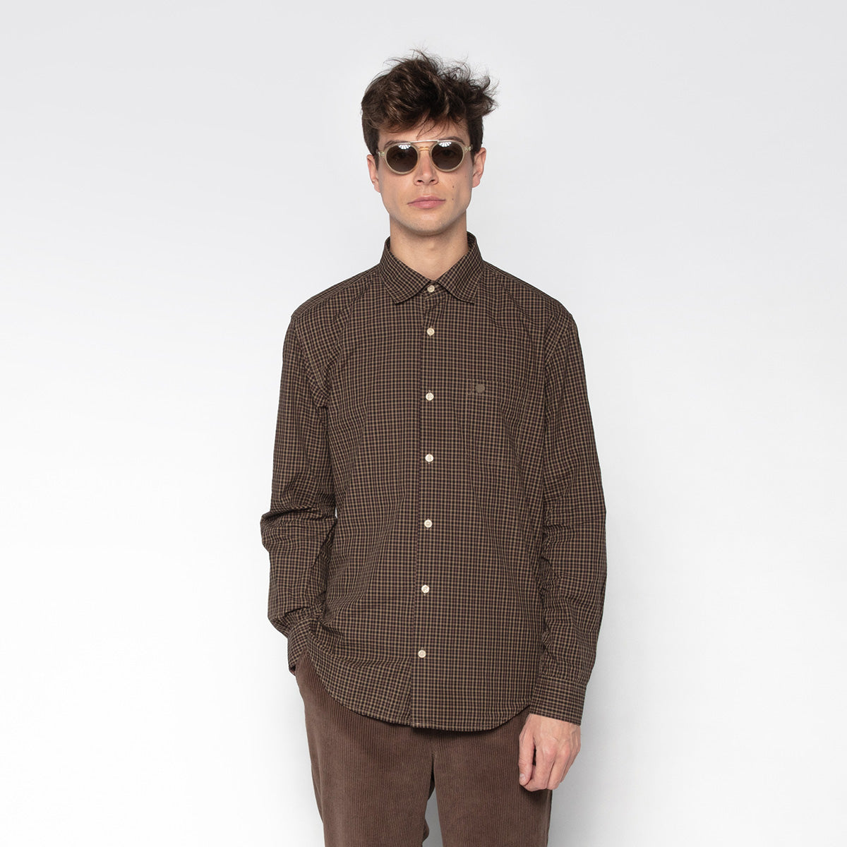 Chemise manches longues en coton à petits carreaux bleu marine Charles Homme SERGE BLANCO