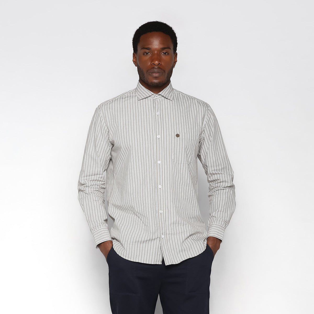 Chemise manches longues en coton à rayures vert militaire Charles Homme SERGE BLANCO