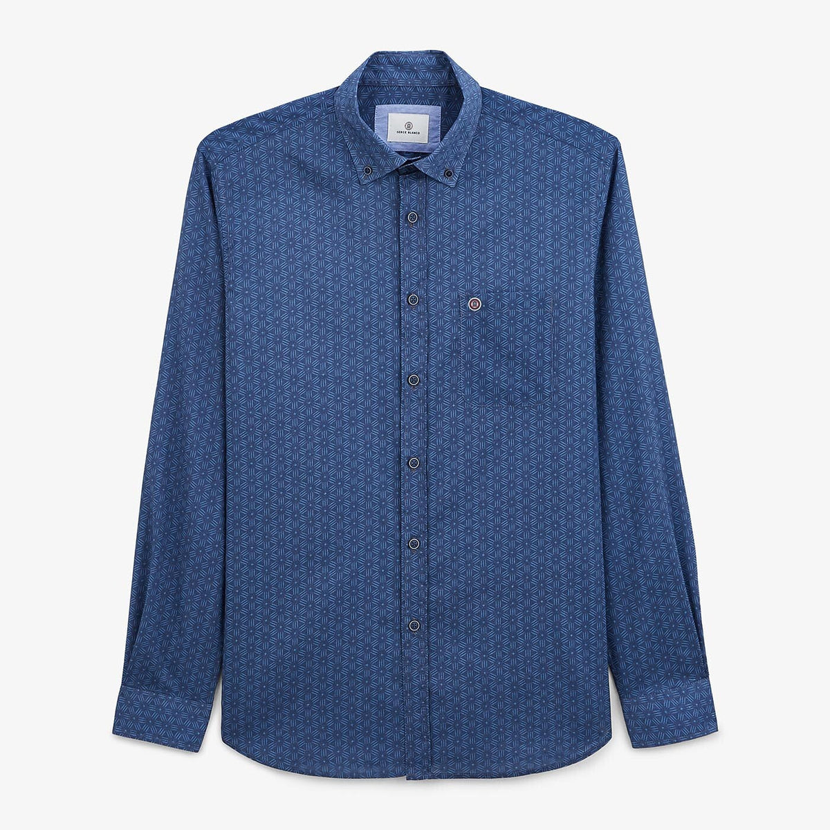Chemise manches longues imprime geometrique bleu azur en coton homme serge blanco