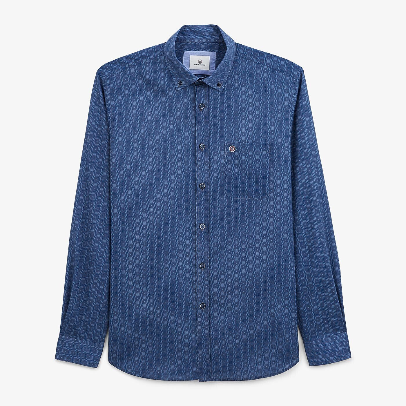 Chemise manches longues imprime geometrique bleu azur en coton homme serge blanco