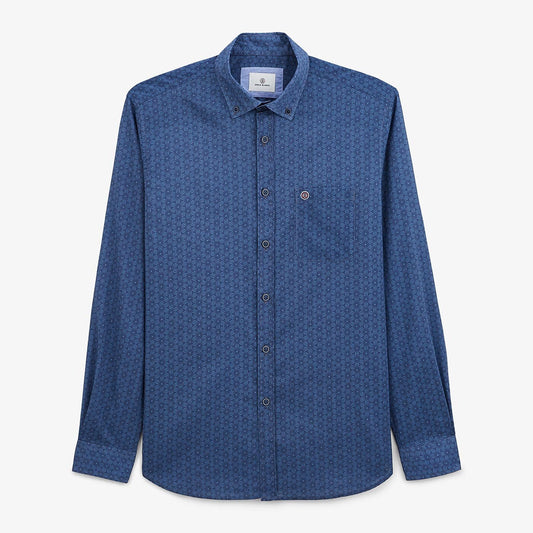 Chemise manches longues imprime geometrique bleu azur en coton homme serge blanco