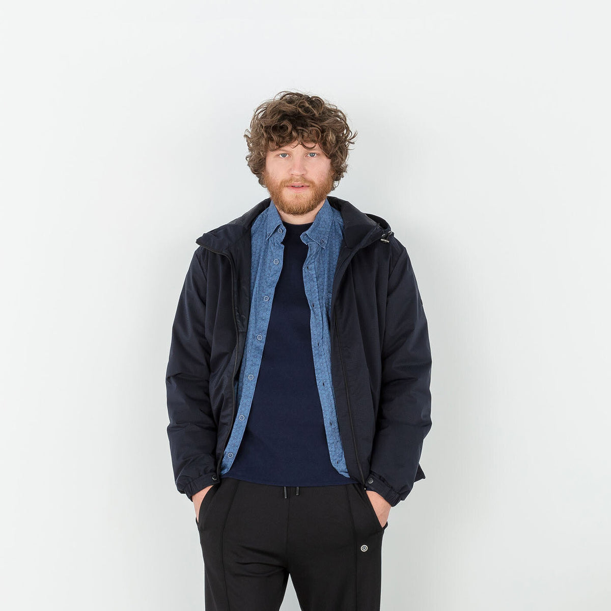 Chemise manches longues imprime geometrique bleu azur en coton homme serge blanco