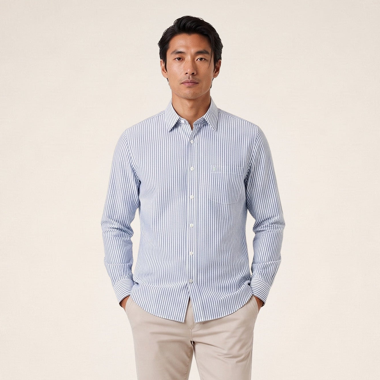 Chemise manches longues rayée en coton bleu