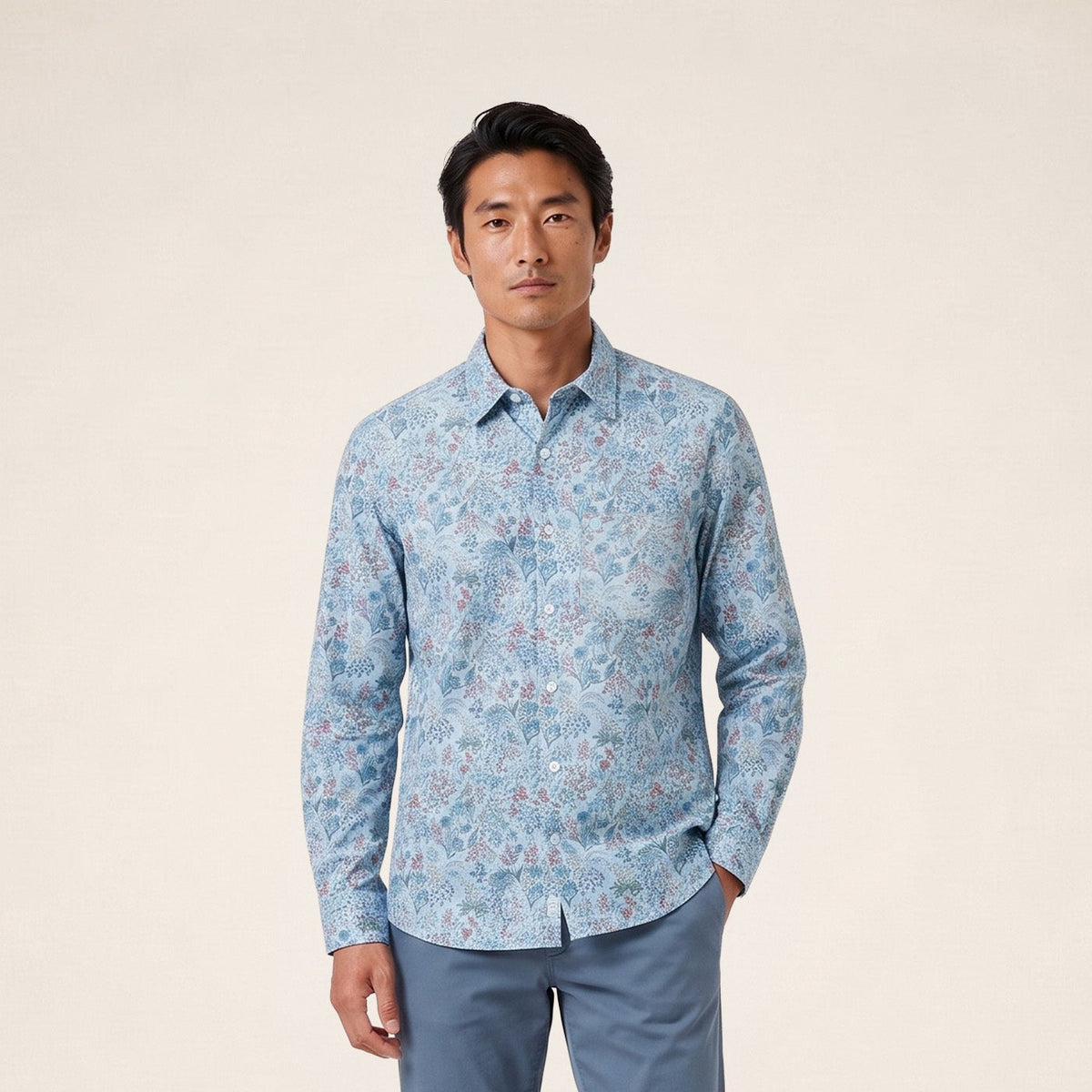 Chemise manches longues velours côtelé floral bleu