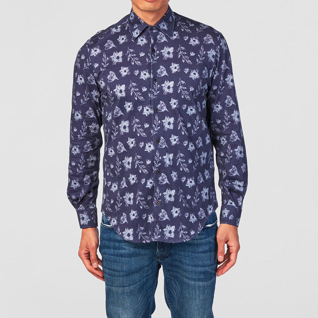 Chemise à motifs manches longues bleu marine en coton homme sege blanco