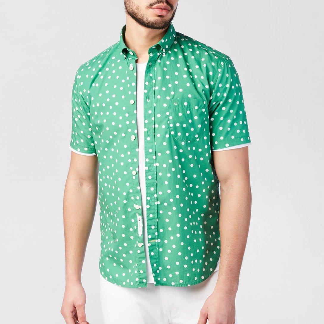 Chemise à pois manches courtes vert gazon en coton homme serge blanco