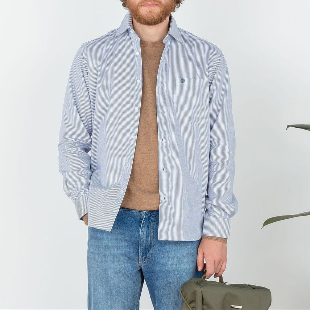 Chemise rayée bleu marine manches longues en coton homme serge blanco