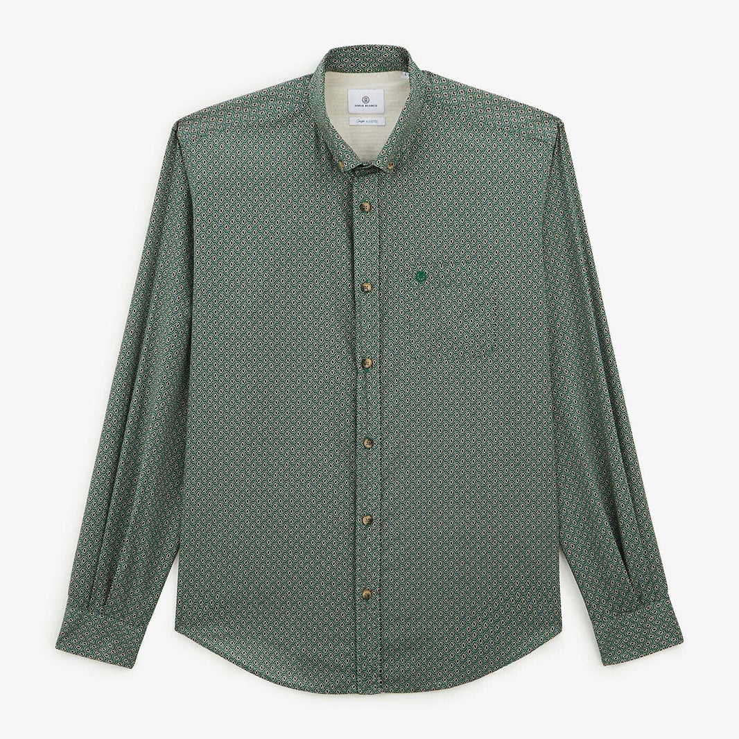 Olive green long-sleeved shirt with geometric print