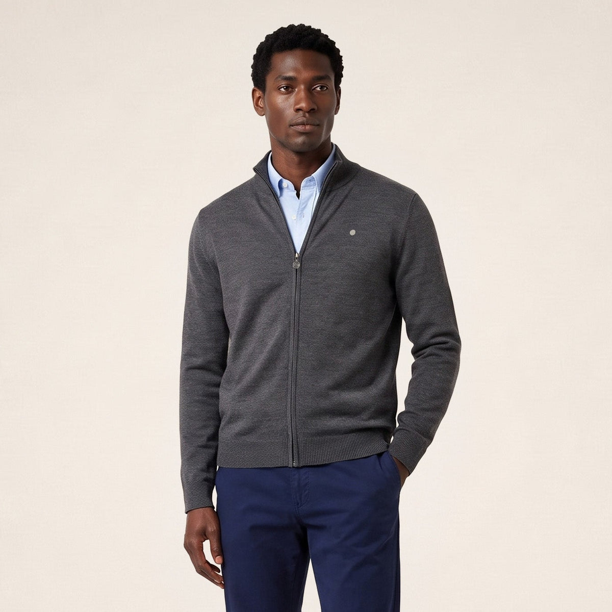 Gilet laine mérinos full zip gris clair chiné Malone