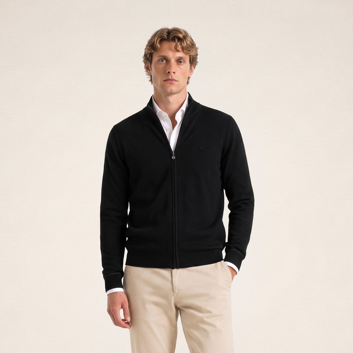 Gilet laine mérinos full zip noir Malone