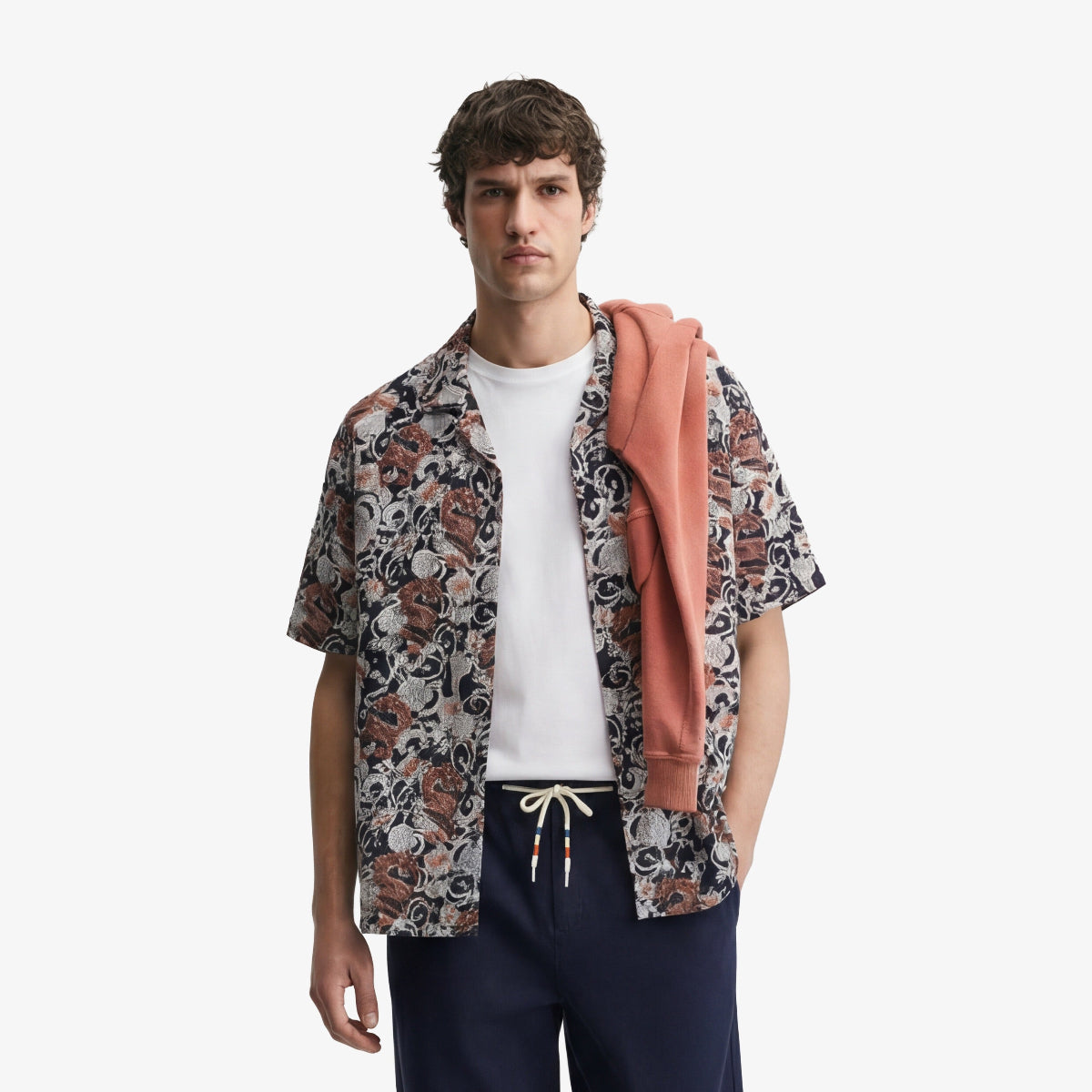 Navy blue dragon print cotton short-sleeved shirt