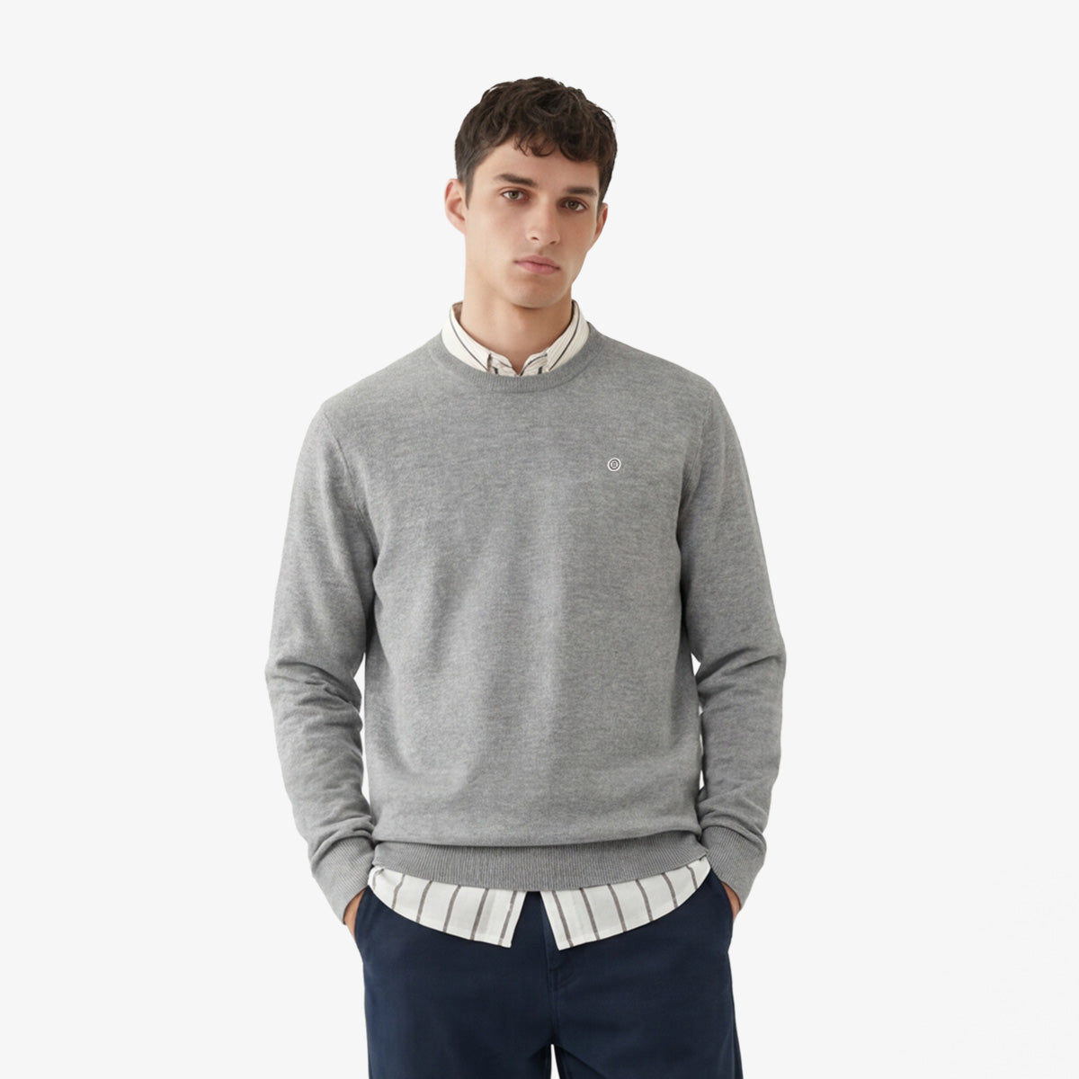 Pull col rond en coton et laine gris chiné Maximus