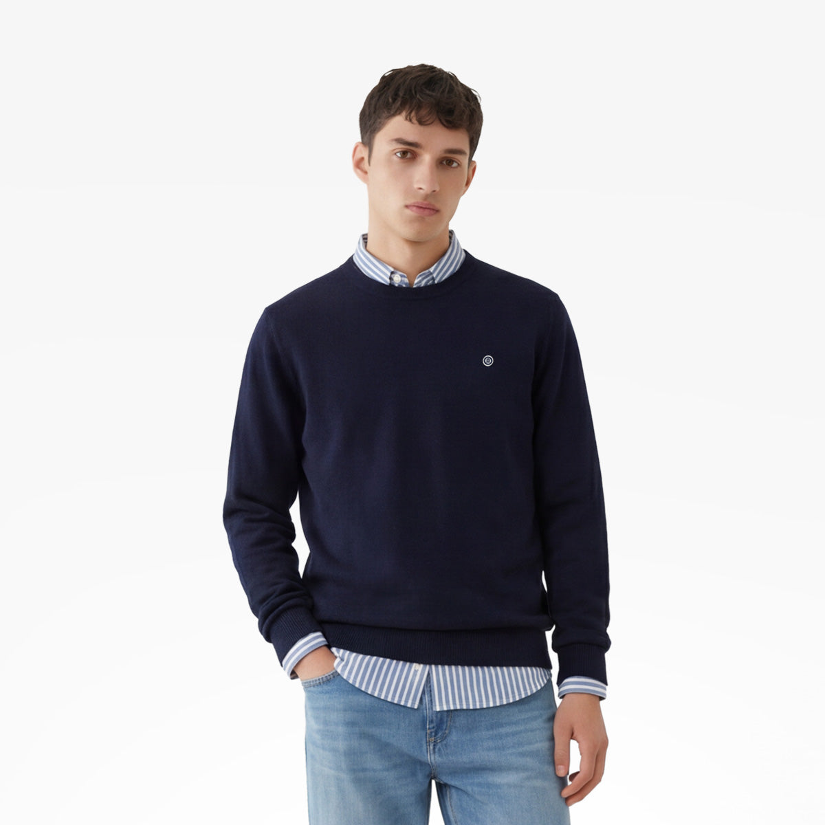 Maximus trui met ronde hals van katoen en wol in marineblauw