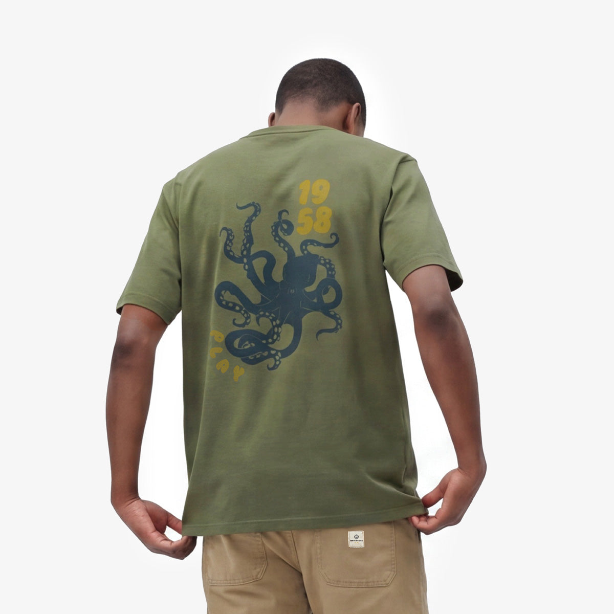 T-shirt met ronde hals in legergroen katoen met octopusprint op de achterkant