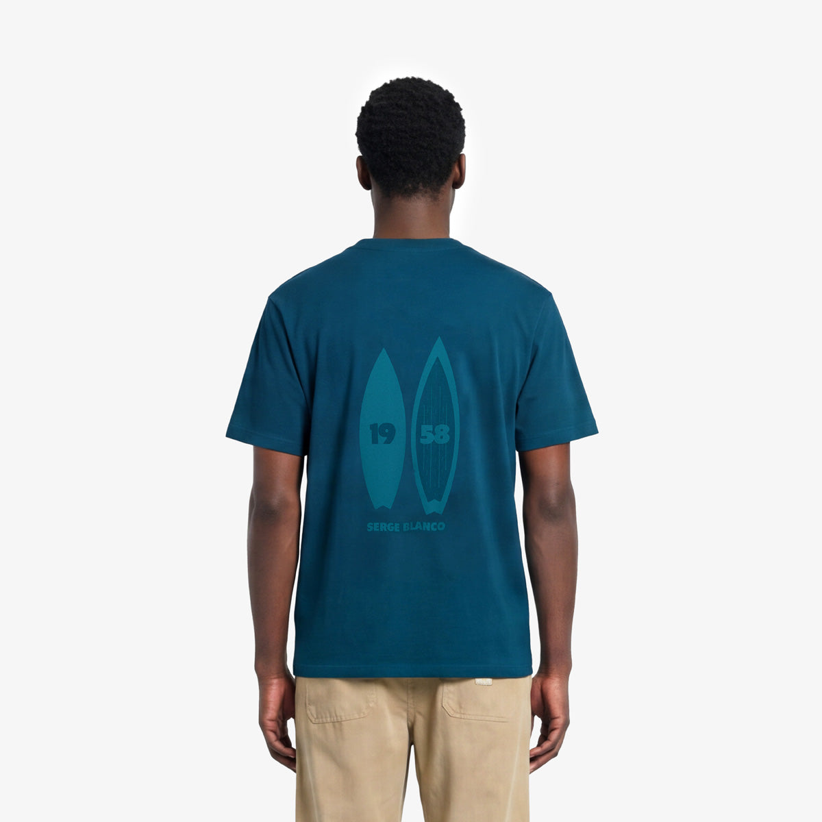 Round neck cotton T-shirt with opal blue surf print on the back
