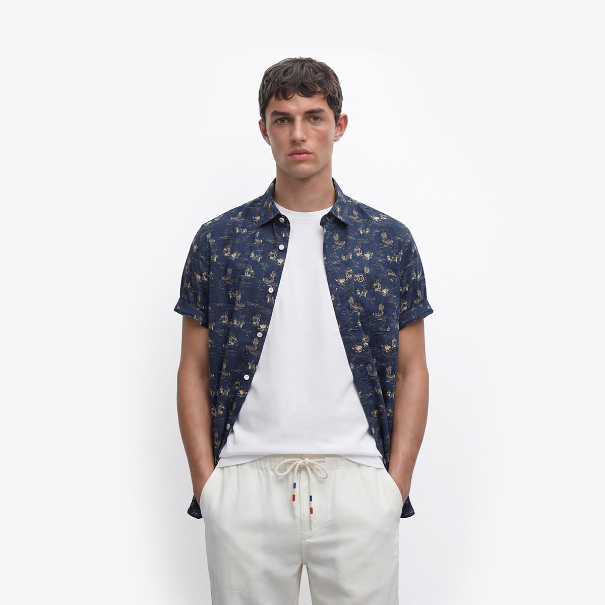 Chemise Caracas manches courtes en coton imprimé bleu marine