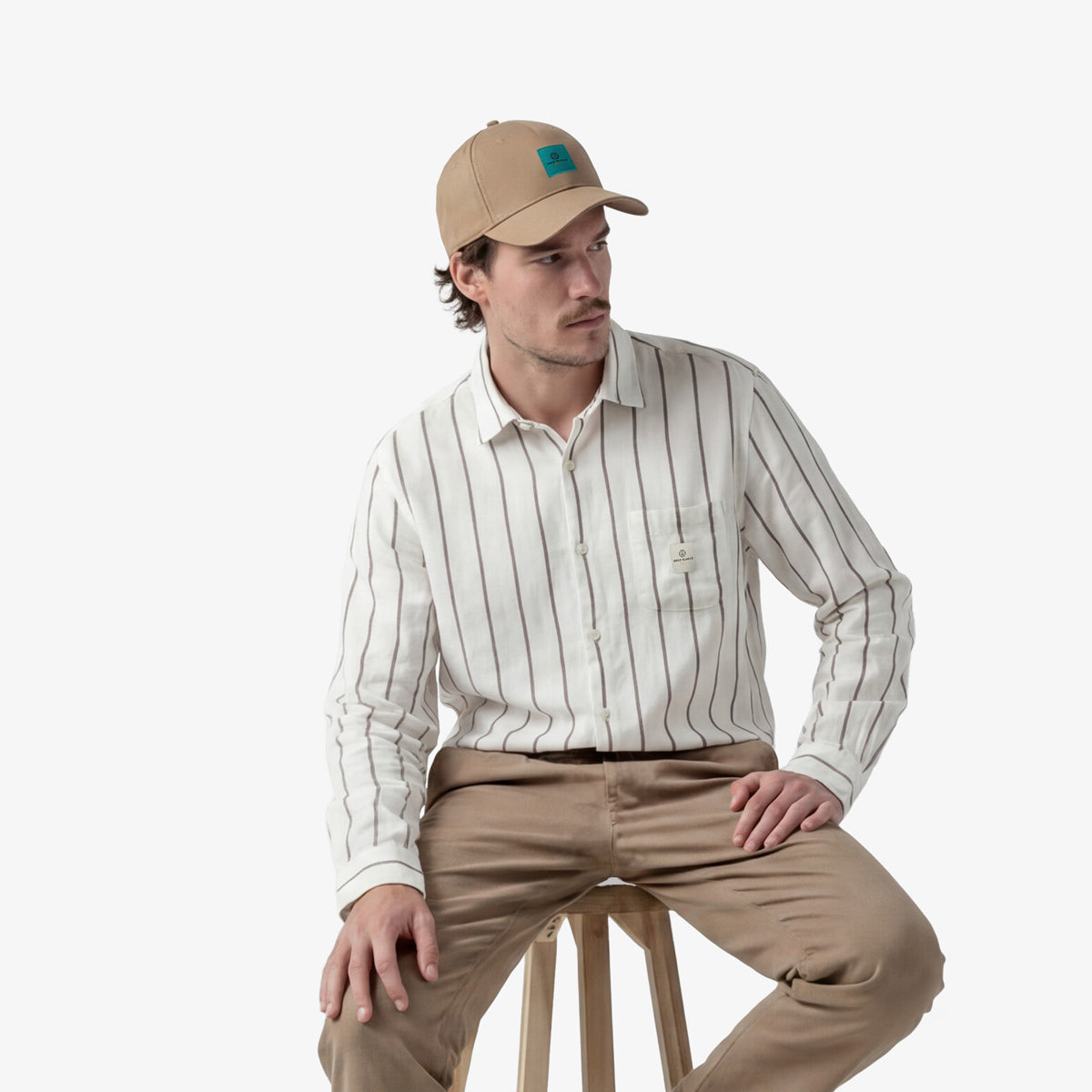 Long-sleeved shirt with wide stripes in clay green cotton