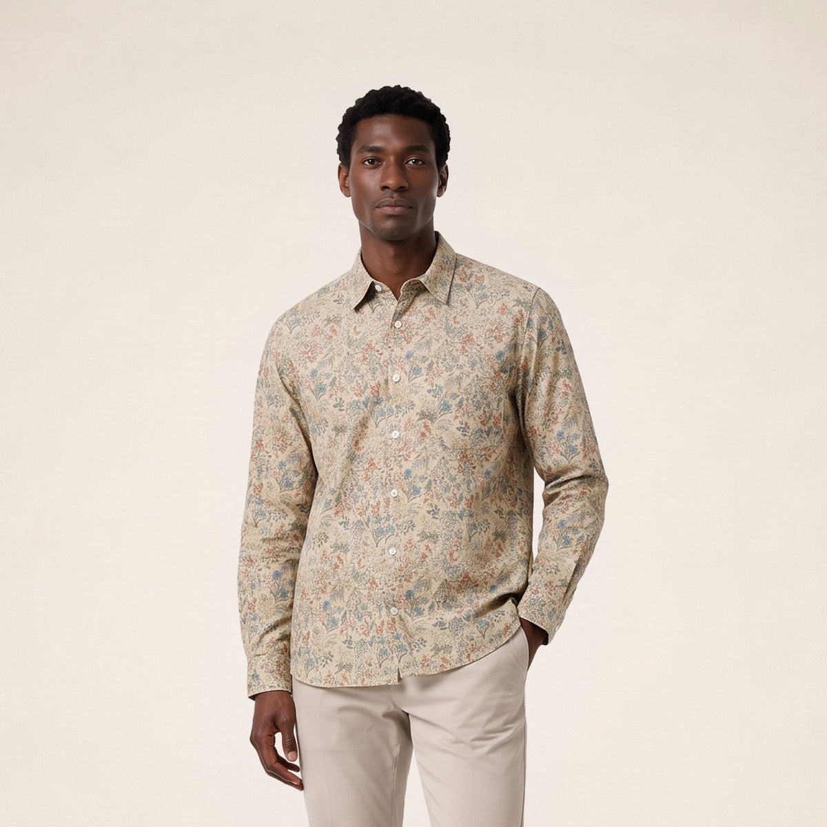 Chemise manches longues velours côtelé floral beige