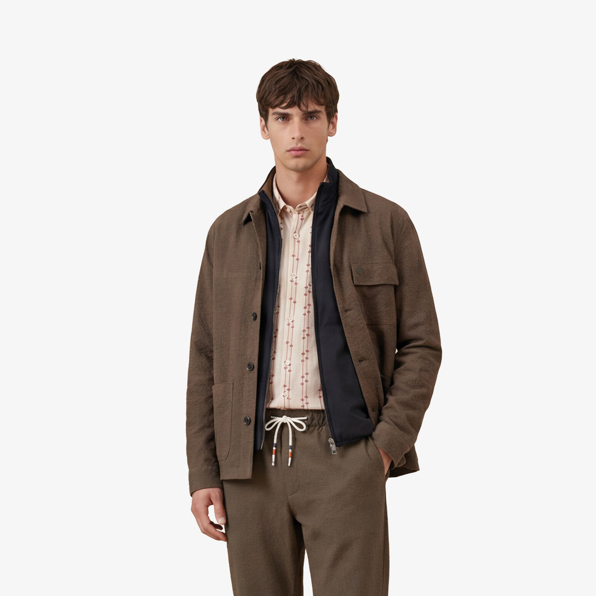 Wilfried-werkjas van kleibruin seersucker-katoen