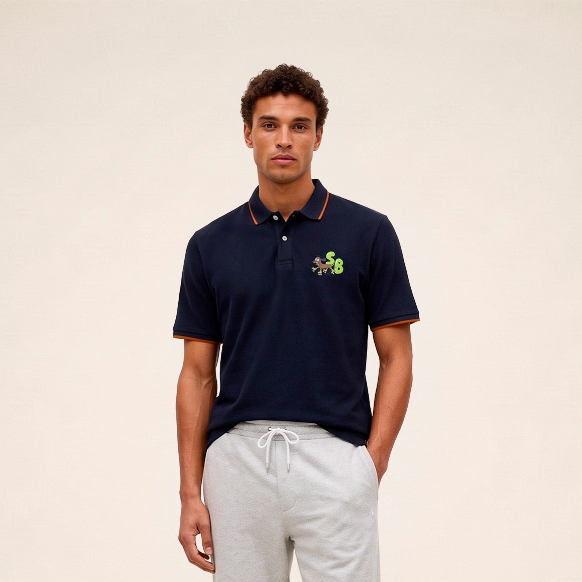 Polo piqué Funky Animals manches courtes en coton bleu marine