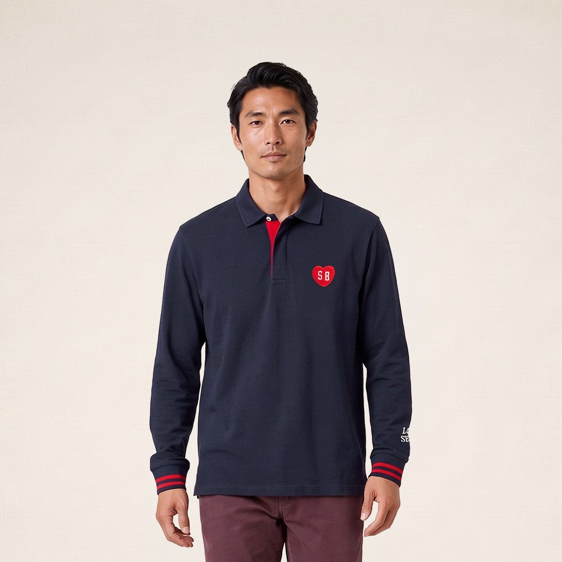 Polo da rugby a maniche lunghe con stemma in cotone bouclé blu navy scuro