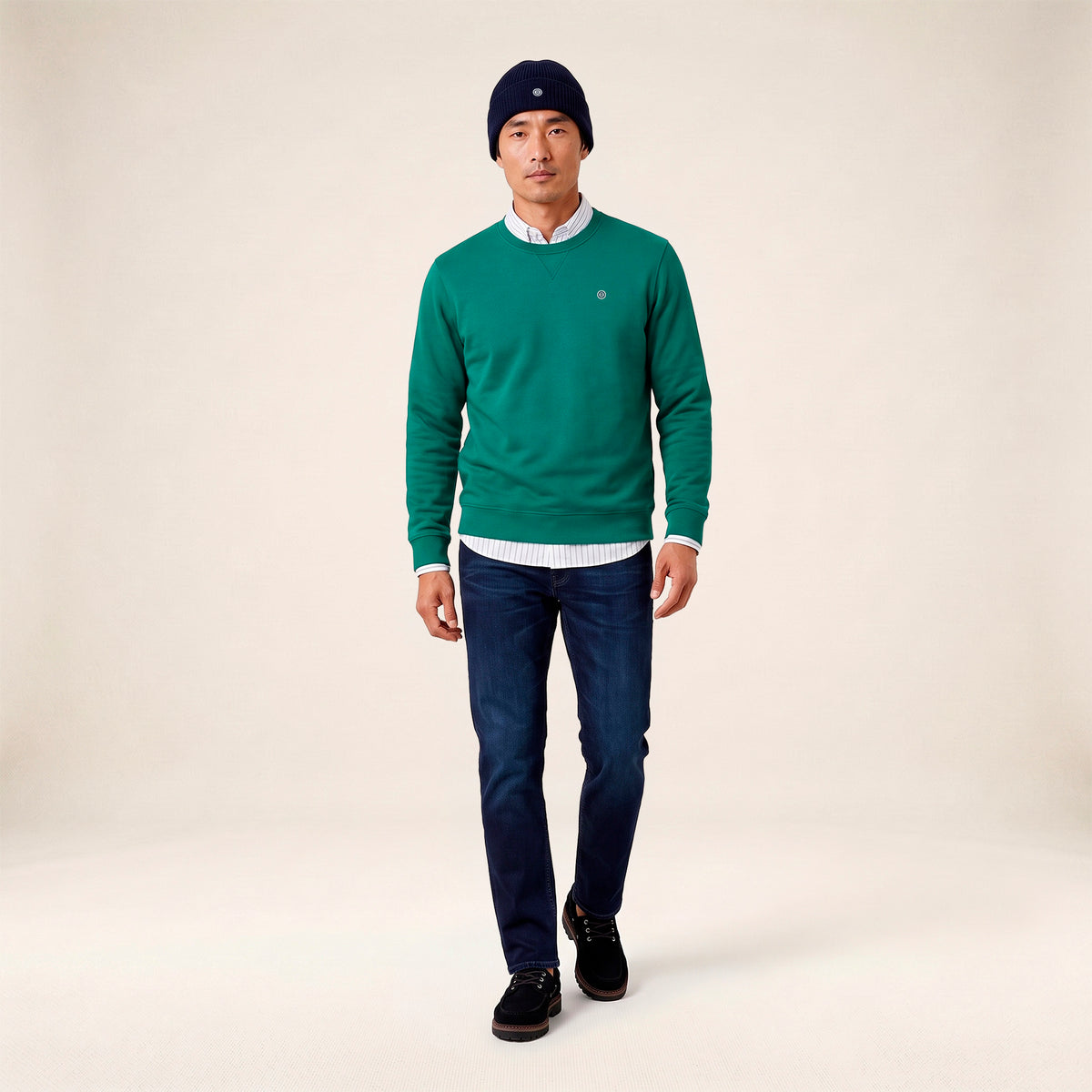 Sweat col rond 100% coton suédé vert