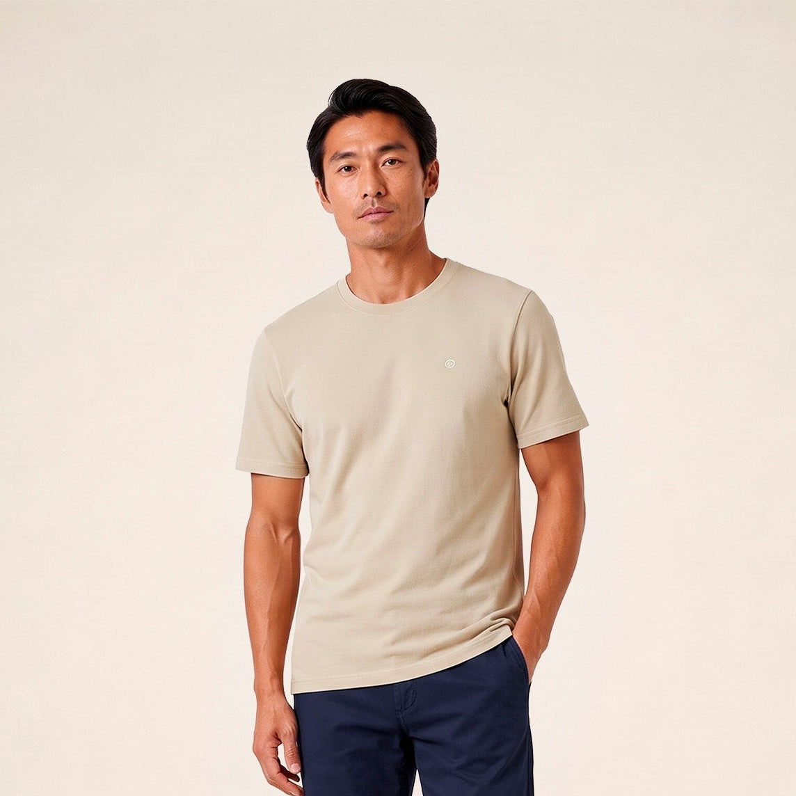 Camiseta de manga corta y cuello redondo, 100 % algodón, color beige, modelo Théo