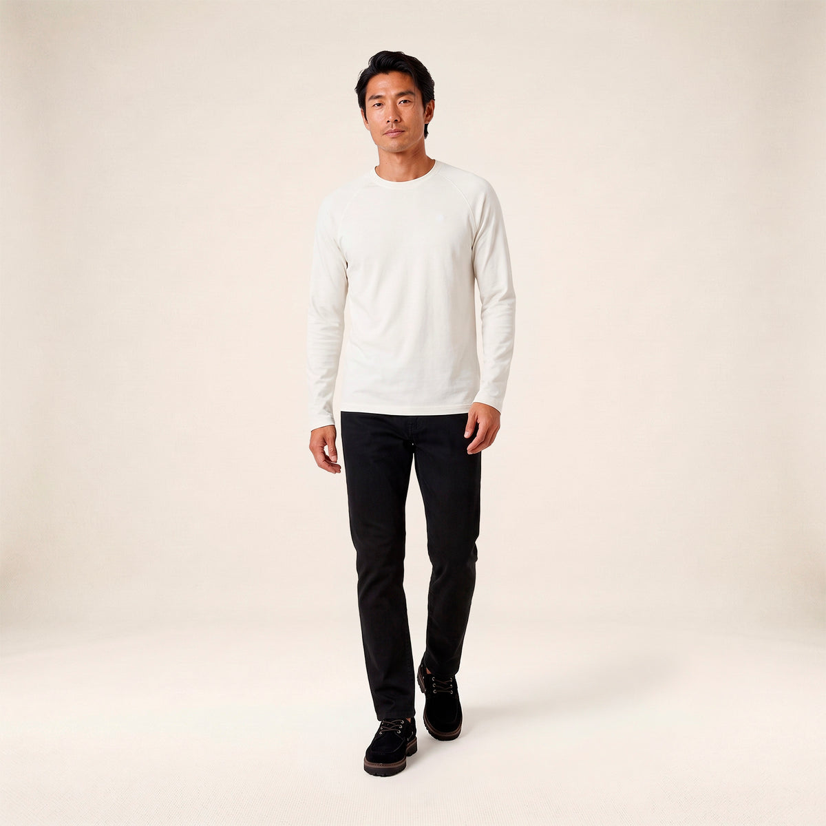 White cotton long-sleeve T-shirt with a round neck