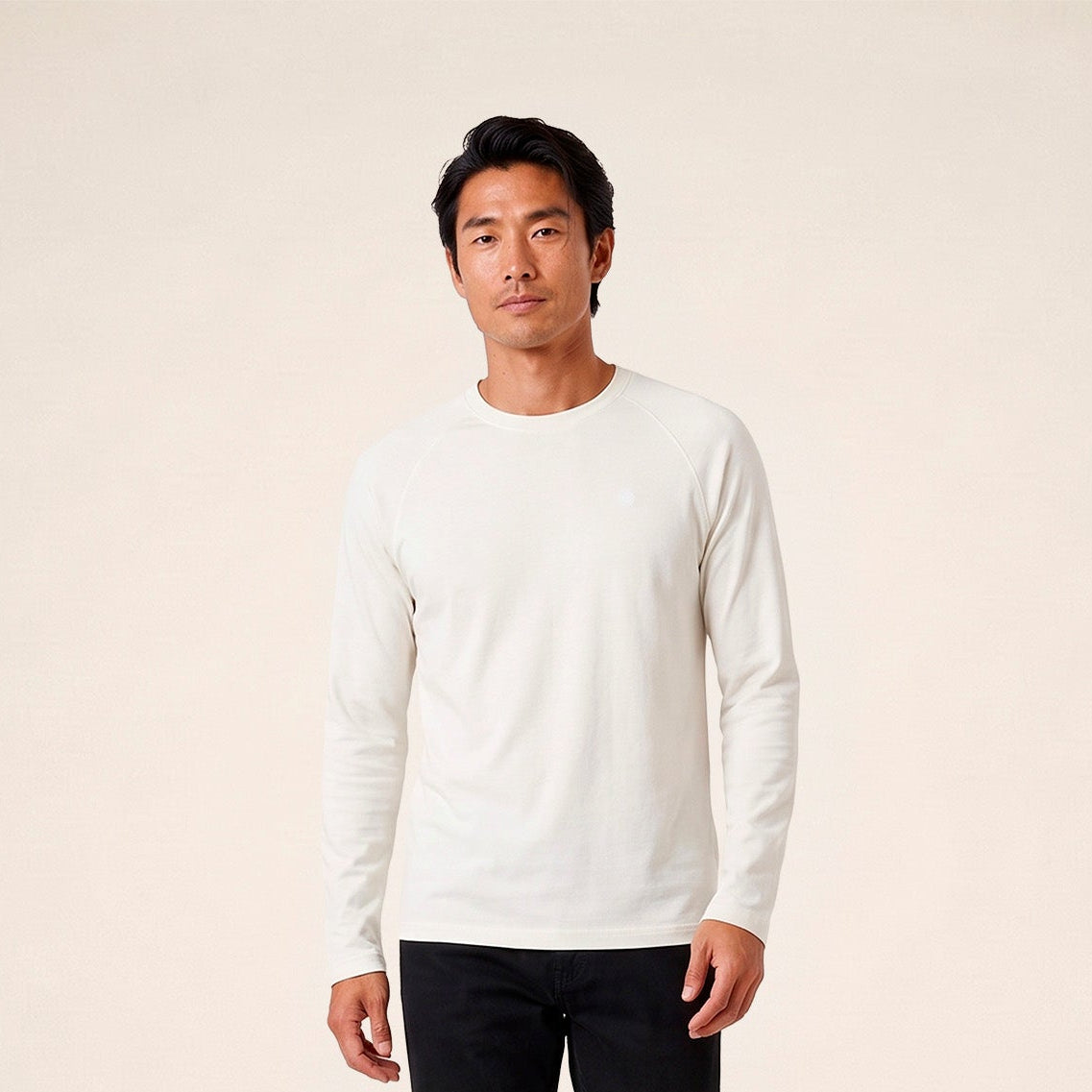 White cotton long-sleeve T-shirt with a round neck