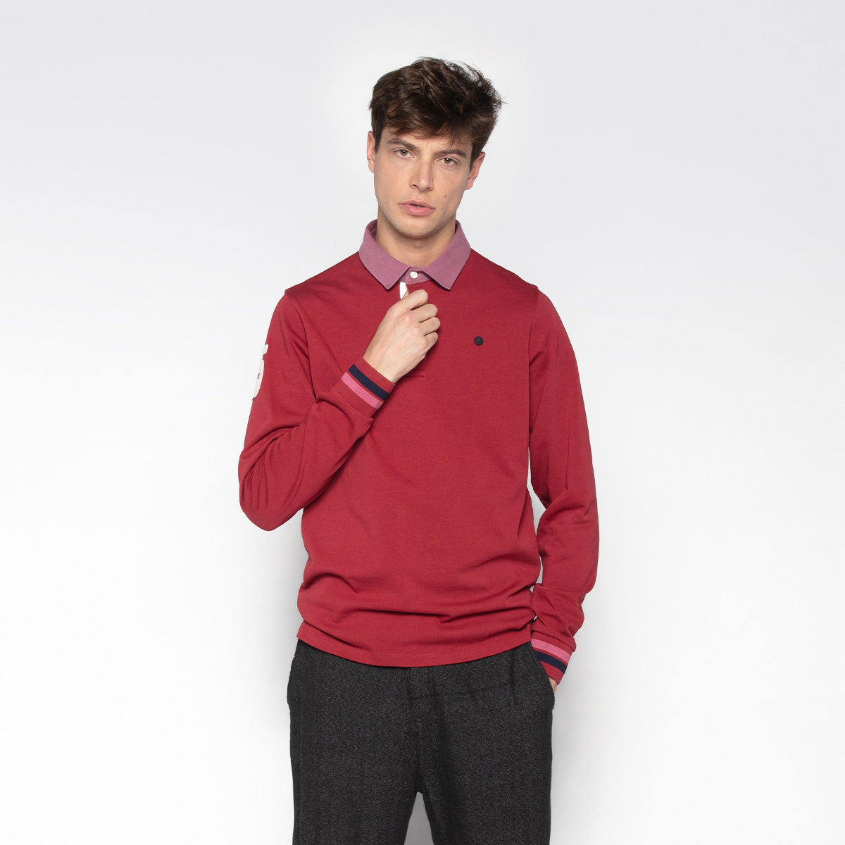 Camiseta de rugby de manga larga rojo merlot bordada 15 hombre SERGE BLANCO