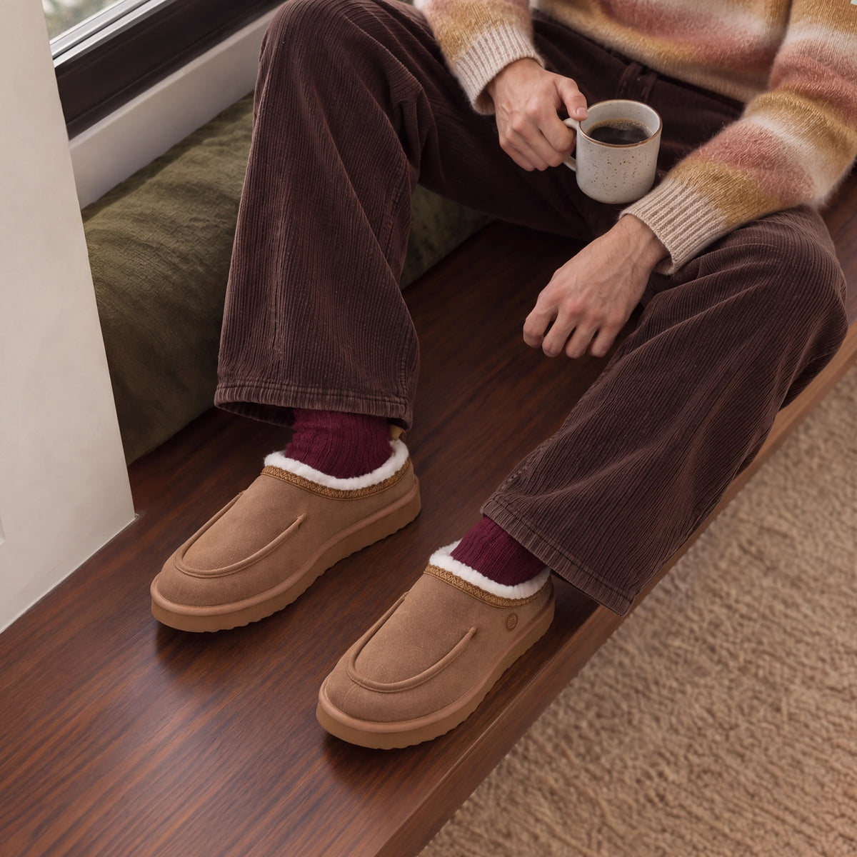 Camel-colored suede-like fur-lined mules