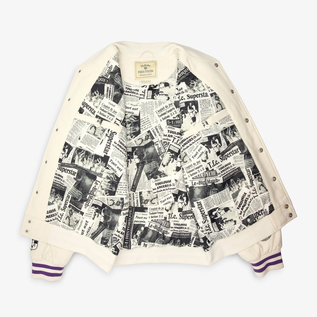 "FORZA TOLOSA" numbered Teddy jacket in off-white wool, Toulouse Football Club