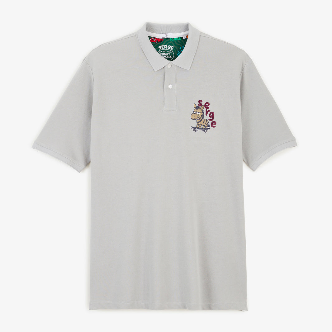 Polo piqué Funky Animals manches courtes en coton gris plume