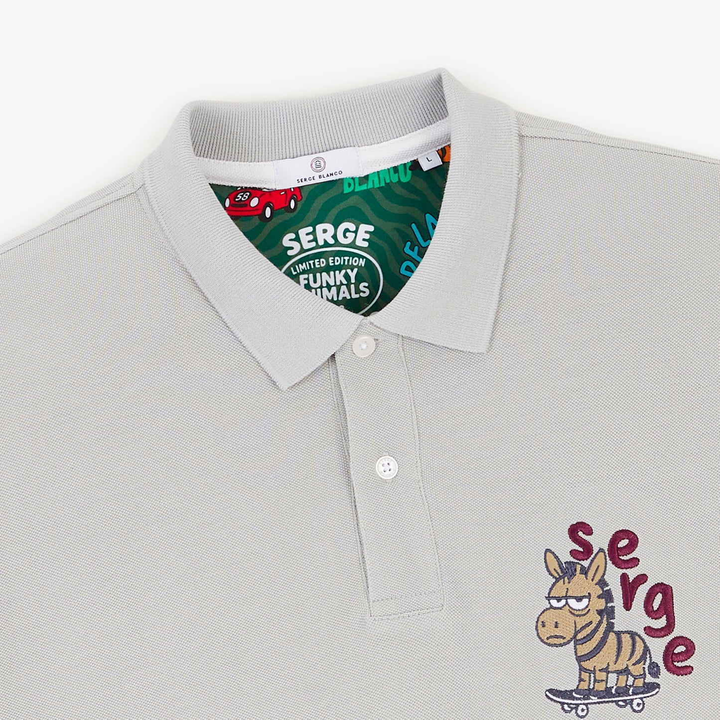 Polo piqué Funky Animals manches courtes en coton gris plume