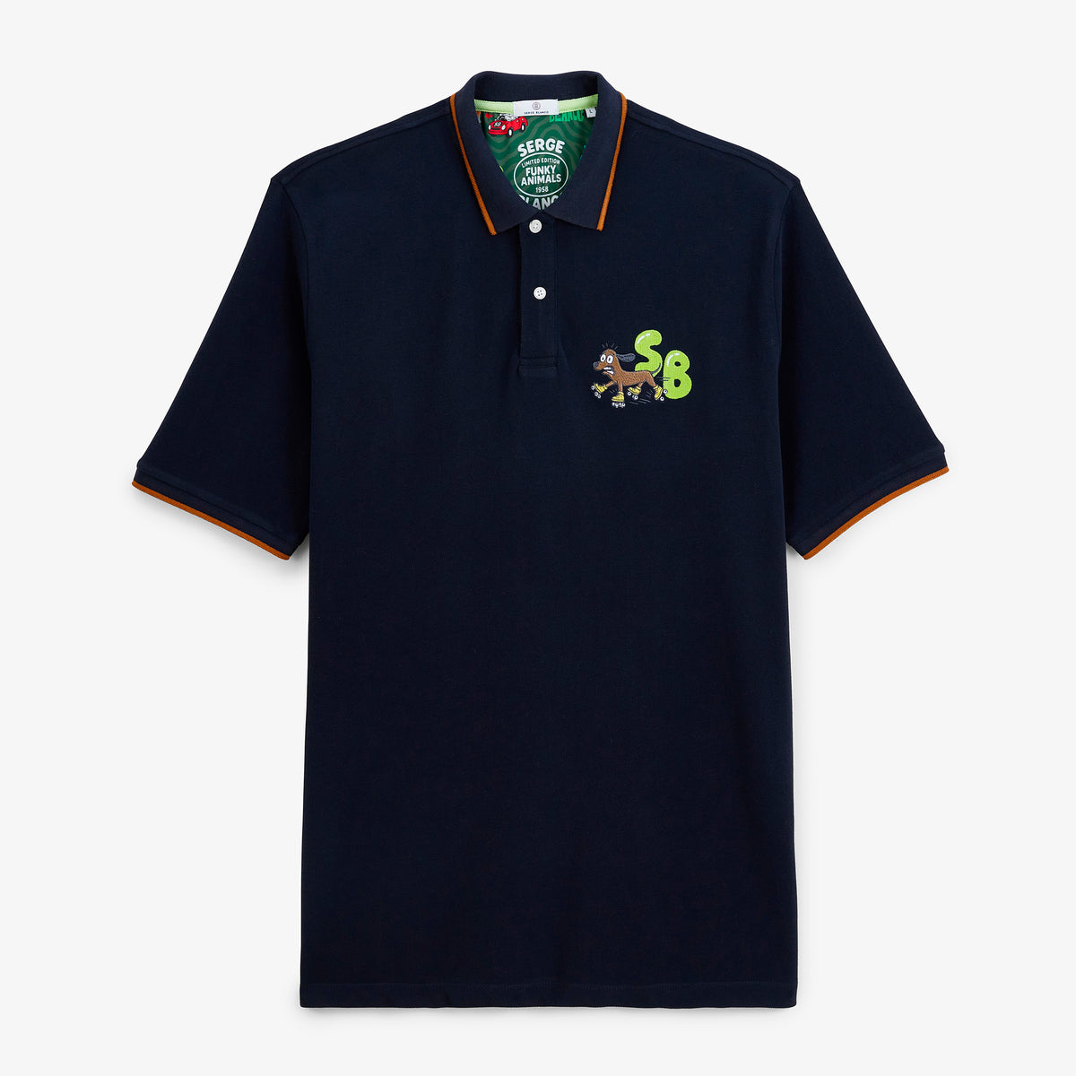 Polo piqué Funky Animals manches courtes en coton bleu marine