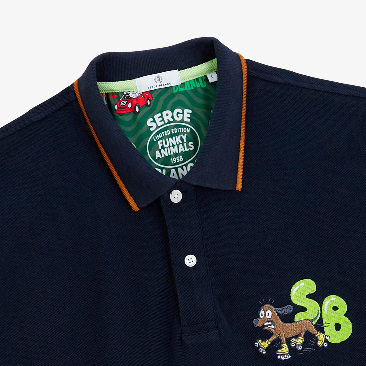 Polo piqué Funky Animals manches courtes en coton bleu marine