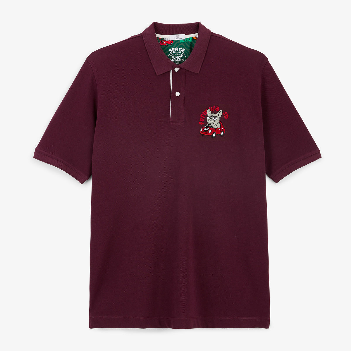 Polo piqué manches courtes en coton rouge vigne brodé Funky Animals