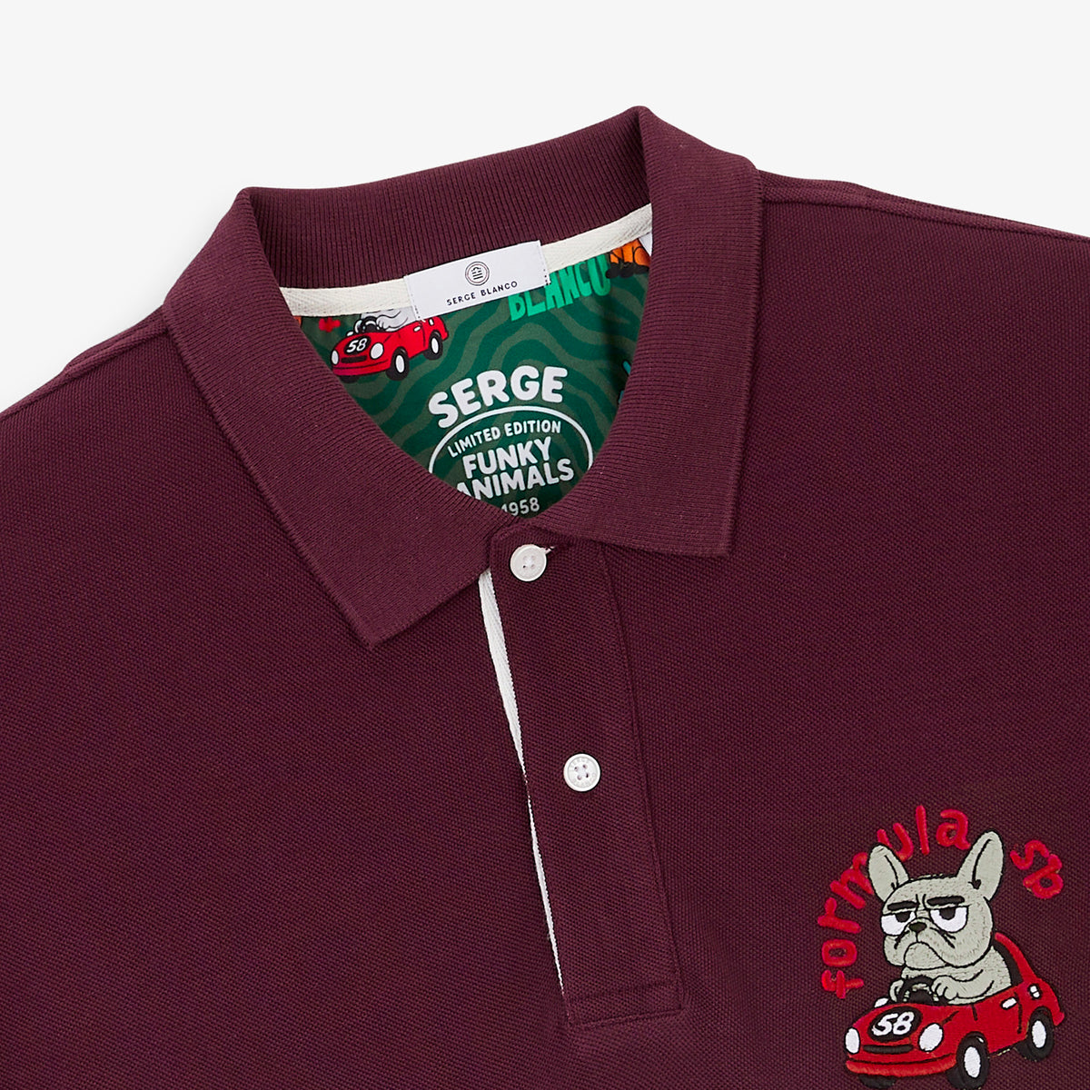 Polo piqué manches courtes en coton rouge vigne brodé Funky Animals