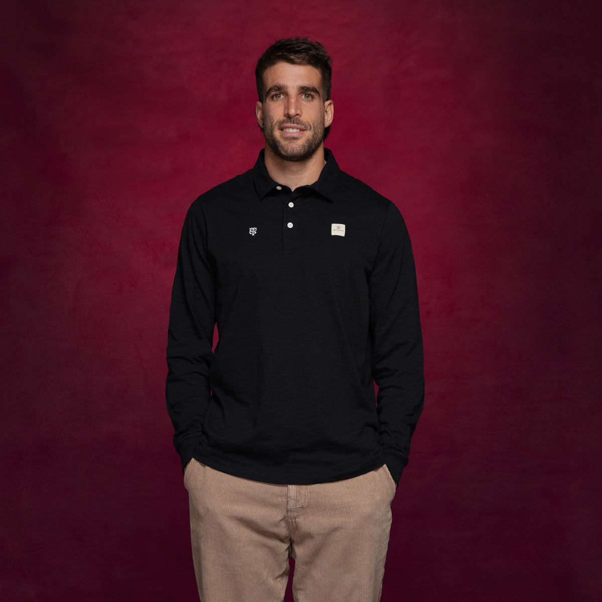 Polo da rugby da uomo a maniche lunghe Stade Toulousain, 100% cotone, nera, SBPLAY