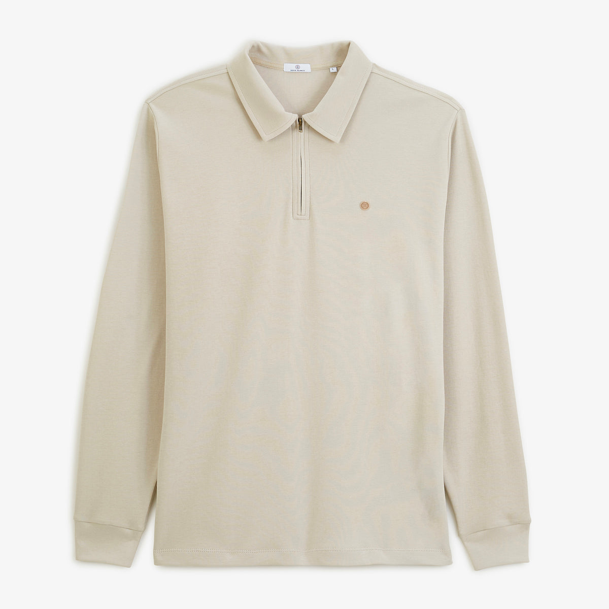 Polo zippé manches longues en coton interlock beige travertin