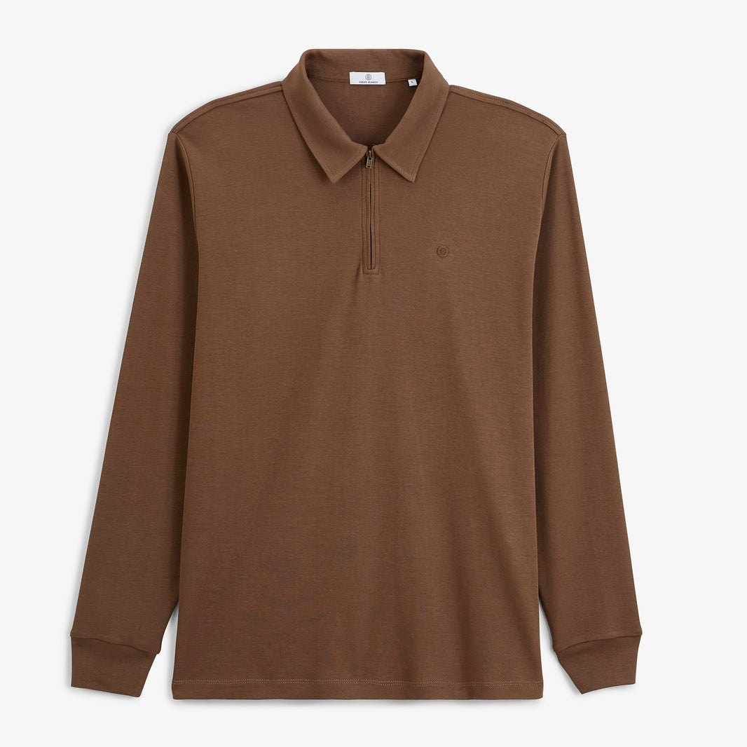 Polo zippé manches longues en coton interlock marron brownie