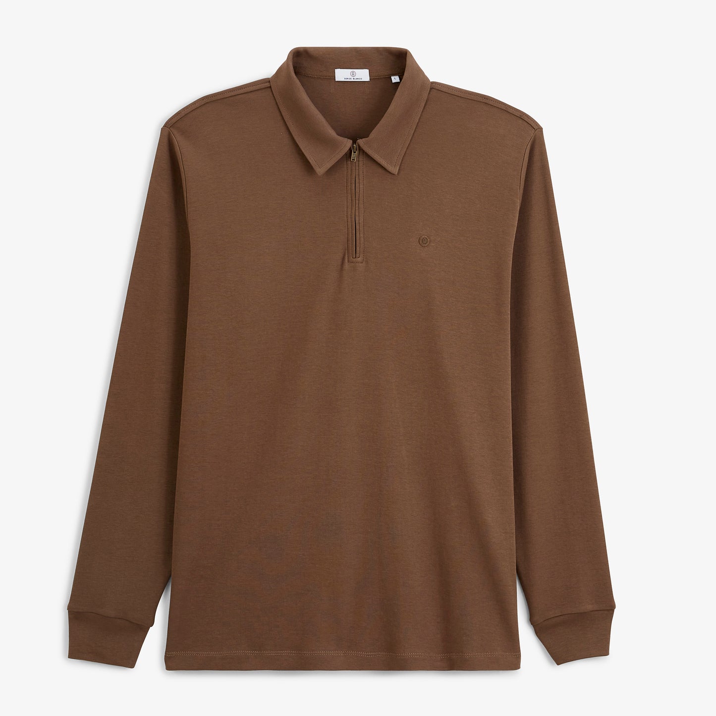 Polo zippé manches longues en coton interlock marron brownie