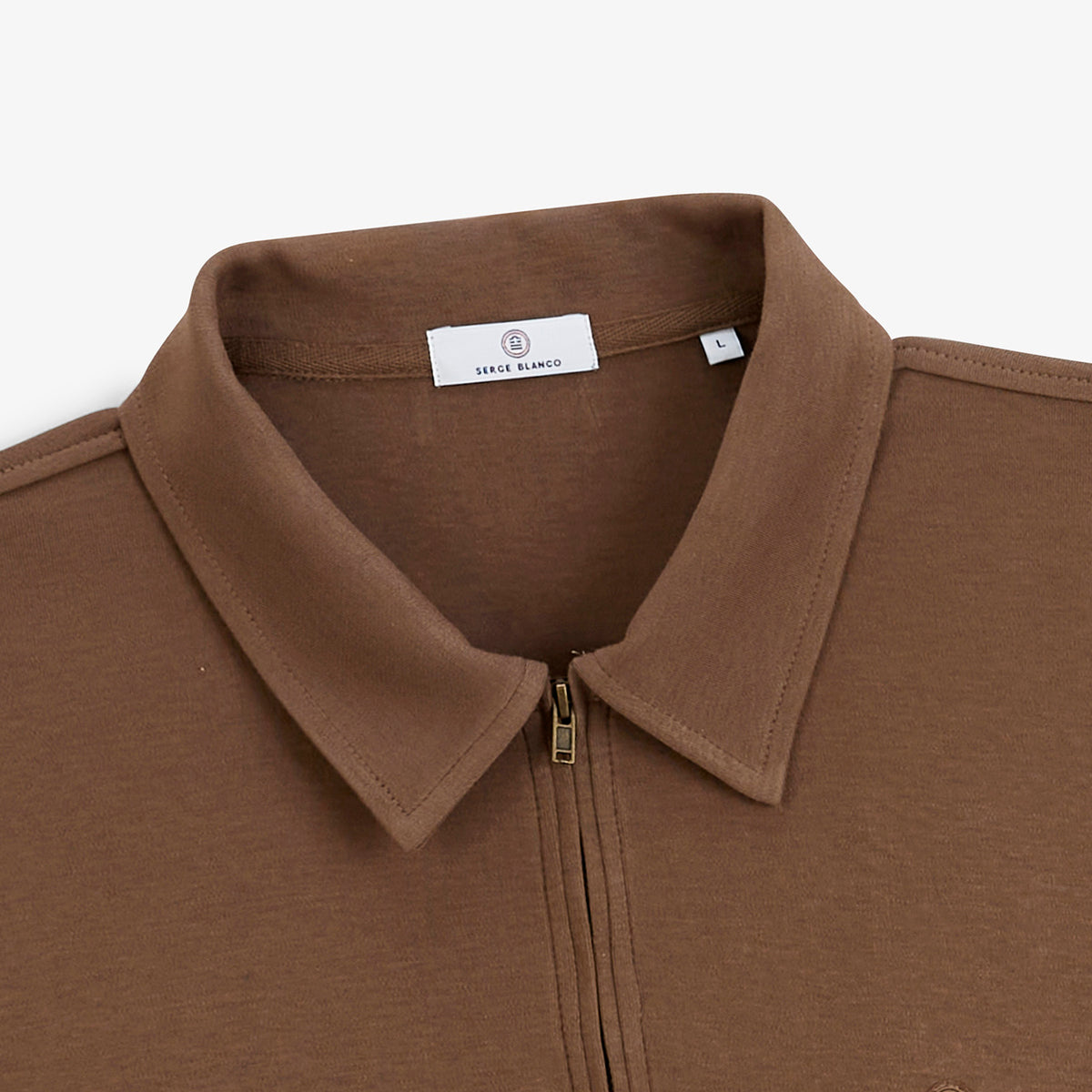 Polo zippé manches longues en coton interlock marron brownie
